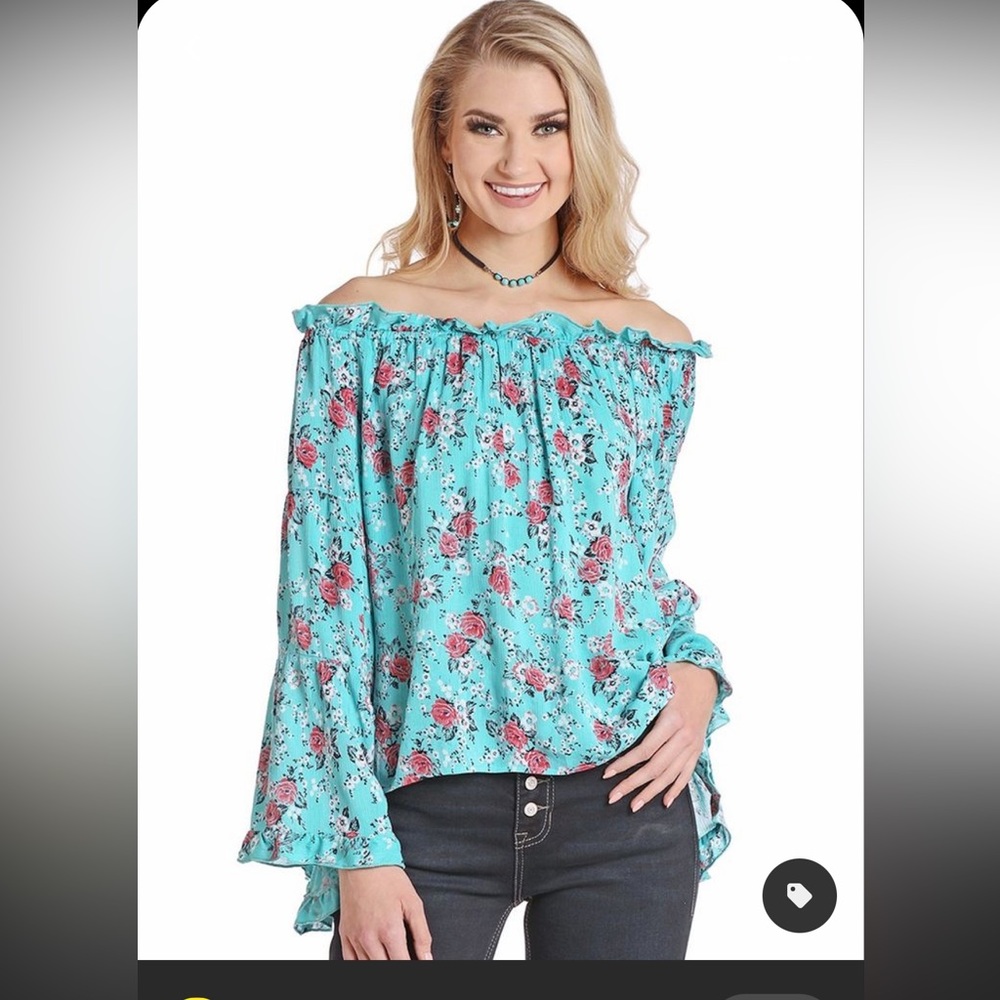 Off the Shoulder Turquoise Floral Print Peasant Blouse - Picture 2 of 7